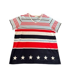 White Tag Striped V-Neck Red Blue Women’s Short Sleeve T-Shirt Size Large